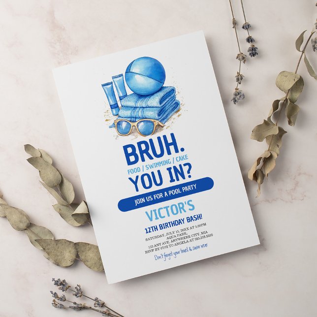 BRUH Blue Pool Party Boy Birthday Invitation (Creator Uploaded)