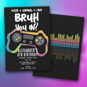 Bruh Boy's Birthday Neon Gaming Teen Gamer Invitation