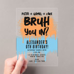 Bruh Boy's Birthday Neon Graffiti Orange Blue Acrylic Invitations<br><div class="desc">A teen boys "Bruh" themed birthday invitation using cool typography. A custom kids neon graffiti orange and blue "pizza,  games and cake " teenage boys birthday invitation design perfect for any teens birthday party theme. Customize this  "Bruh" birthday invitation with your own text and make it your own!</div>