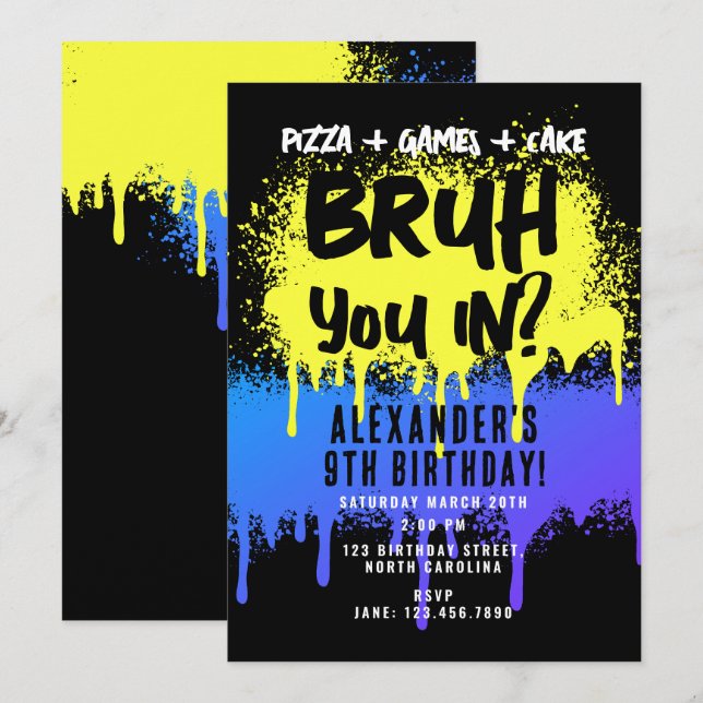 Bruh Boy's Birthday Neon Graffiti Yellow Blue Invitation (Front/Back)
