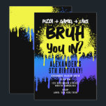 Bruh Boy's Birthday Neon Graffiti Yellow Blue Invitation<br><div class="desc">A teen boys "Bruh" themed birthday invitation using cool typography. A custom kids neon graffiti yellow and blue "pizza,  games and cake " teenage boys birthday invitation design perfect for any teens birthday party theme. Customize this  "Bruh" birthday invitation with your own text and make it your own!</div>