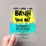 Bruh Boy's Birthday Neon Graffiti Yellow Teal Acrylic Invitations<br><div class="desc">A teen boys "Bruh" themed birthday invitation using cool typography. A custom kids neon graffiti yellow and teal turquoise "pizza,  games and cake " teenage boys birthday invitation design perfect for any teens birthday party theme. Customize this  "Bruh" birthday invitation with your own text and make it your own!</div>