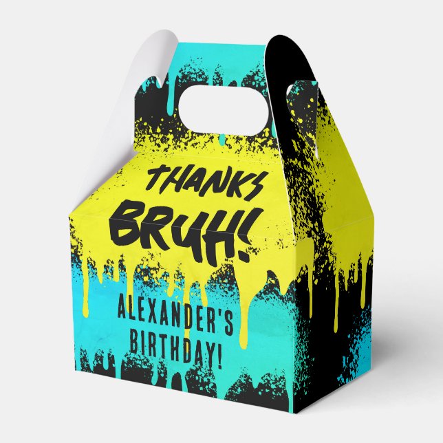 Bruh Boy's Birthday Neon Graffiti Yellow Teal Favor Box (Front Side)