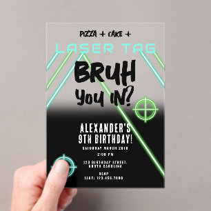 Bruh Boy's Birthday Neon Laser Tag Acrylic Invitations