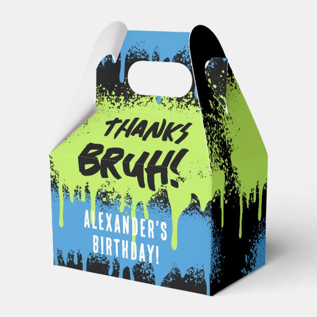 Bruh Boy's Birthday Party Neon Graffiti Green Blue Favor Box (Front Side)