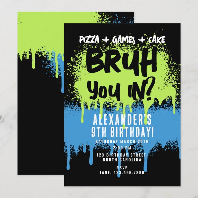 Bruh Boy's Birthday Party Neon Graffiti Green Blue Invitation (Front/Back)