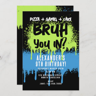 Bruh Boy's Birthday Party Neon Graffiti Green Blue Invitation