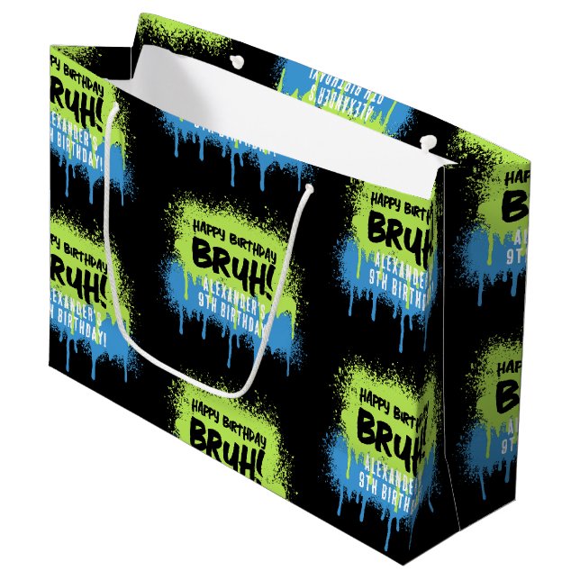 Bruh Boy's Birthday Party Neon Graffiti Green Blue Large Gift Bag (Front Angled)