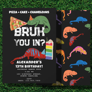 Bruh Boy's Birthday Party Pizza Cake Chameleons Invitation