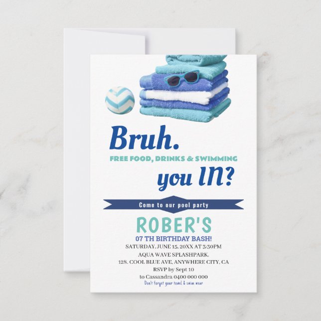 BRUH Boys Blue Pool Party Anniversaire Invitation (Devant)