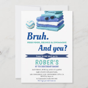 BRUH Boys Blue Pool Party Anniversaire Invitation