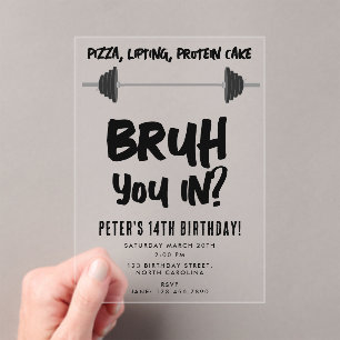 Bruh Boys Teenager Birthday Teen Boy Dumbbell Acrylic Invitations