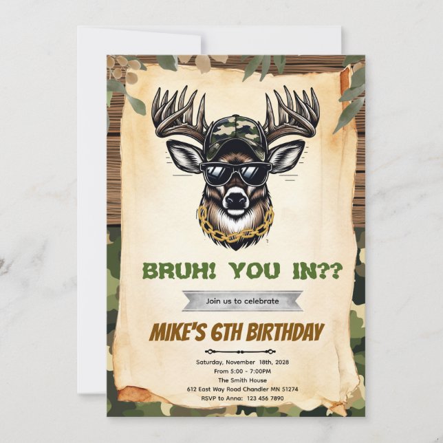 Bruh camo deer hunting party invitation (Front)