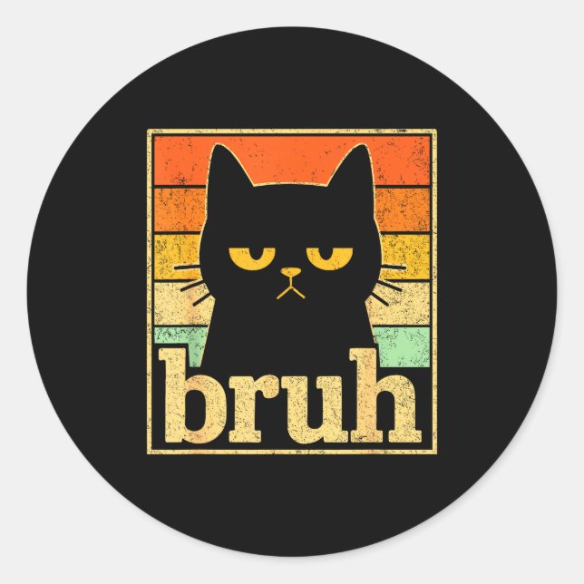 Bruh Cat Meme Graphic – Funny Cat Retro Meme For T Classic Round Sticker (Front)