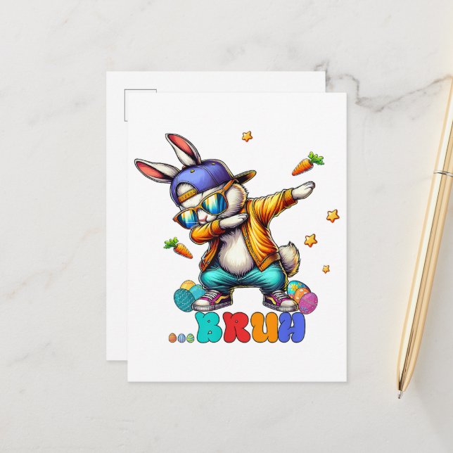 Bruh Dab Bunny Easter Funny Announcement Postcard (Front/Back In Situ)