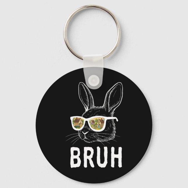 Bruh Easter Day Funny Rabbit Bunny Face Gles Easte Keychain (Front)