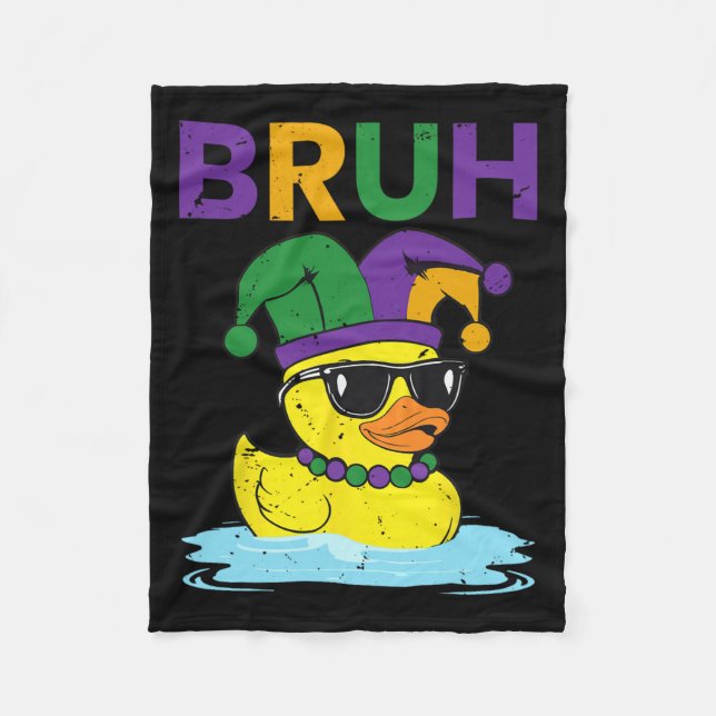 Bruh Funny Duck Mardi Gras Rubber Duck With Jester Fleece Blanket (Front)