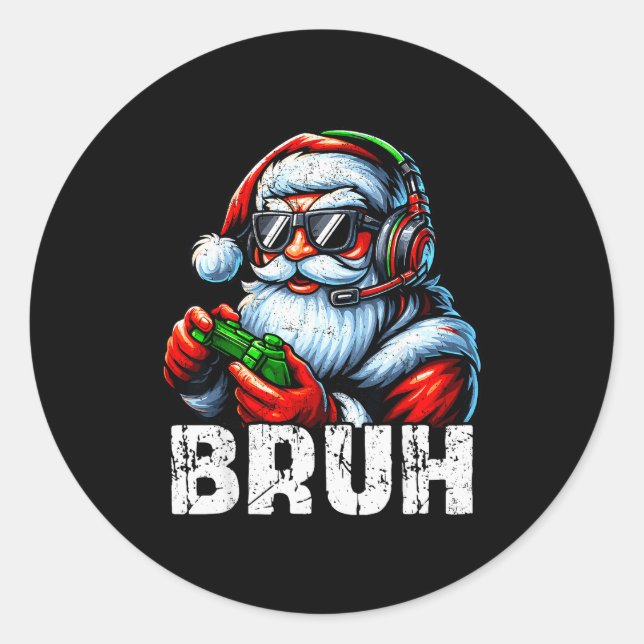 Bruh Funny Santa Gaming Gamer Pjs Christmas Xmas M Classic Round Sticker (Front)