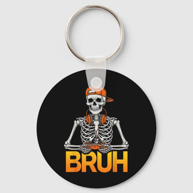Bruh Gamer Skeleton Halloween Video Game Controlle Keychain (Front)