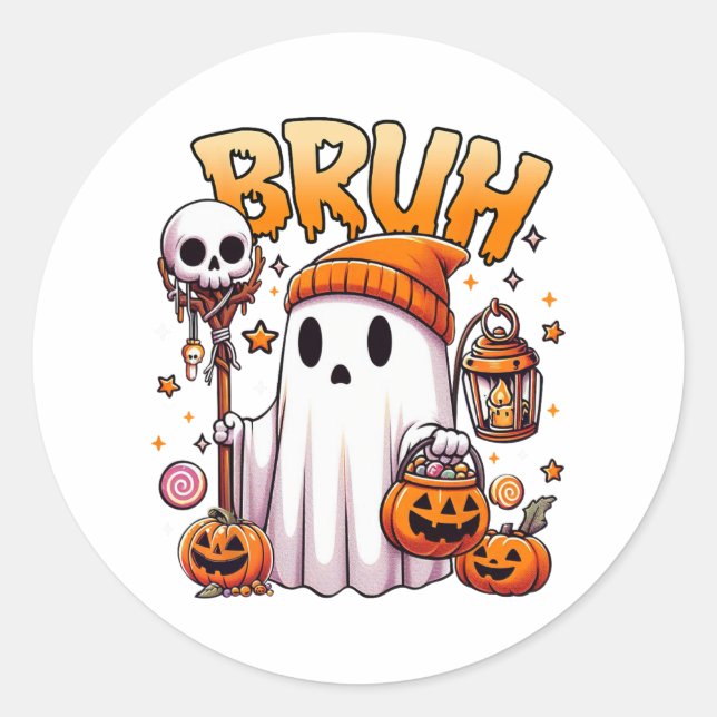 Bruh Ghost Halloween Cute Ghost Trick Or Treat Can Classic Round Sticker (Front)