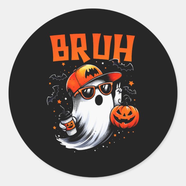 Bruh Ghost Halloween Cute Ghost Trick Or Treat Can Classic Round Sticker (Front)