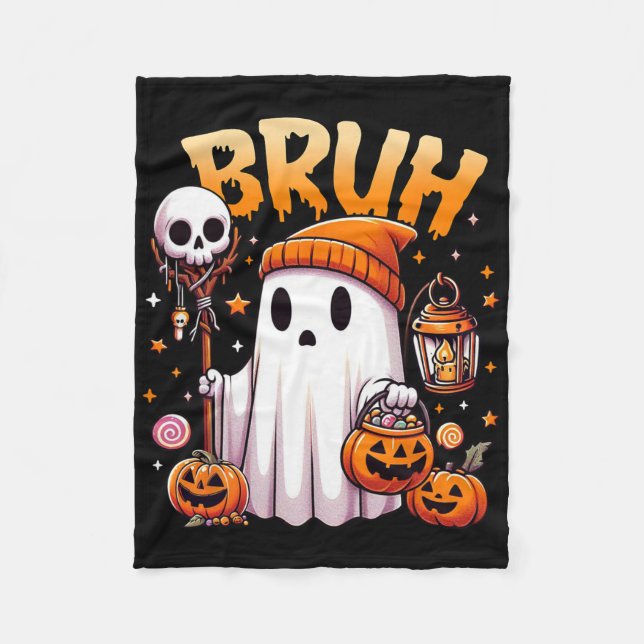 Bruh Ghost Halloween Cute Ghost Trick Or Treat Can Fleece Blanket (Front)