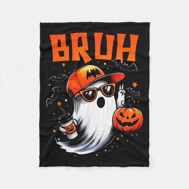 Bruh Ghost Halloween Cute Ghost Trick Or Treat Can Fleece Blanket (Front)