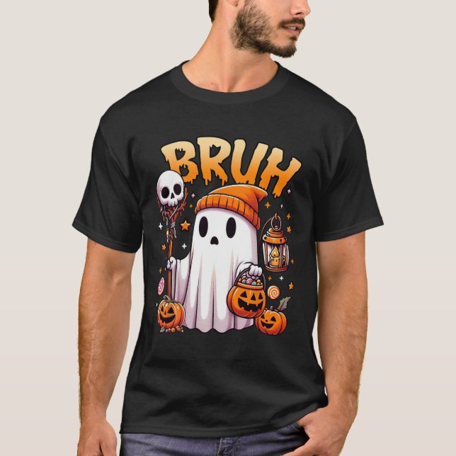 Bruh Ghost Halloween Cute Ghost Trick Or Treat Can T-Shirt (Front)