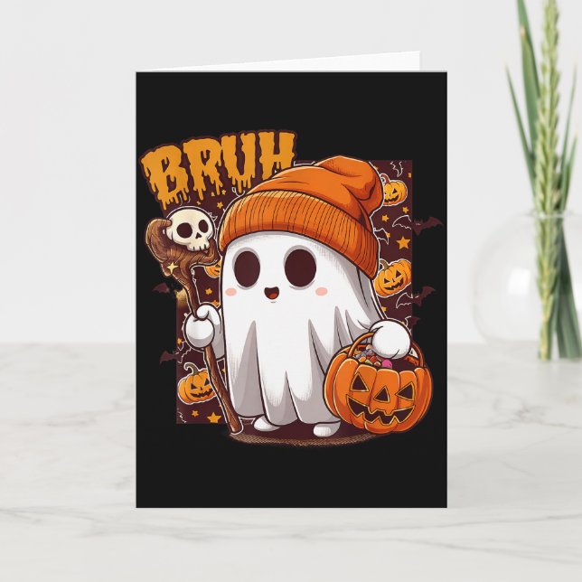 Bruh Ghost Happy Halloween Trick Or Treat Pumpkin  Card (Front)