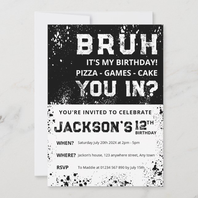 BRUH Grunge Paint Splatter Boy Birthday Invitation (Devant)