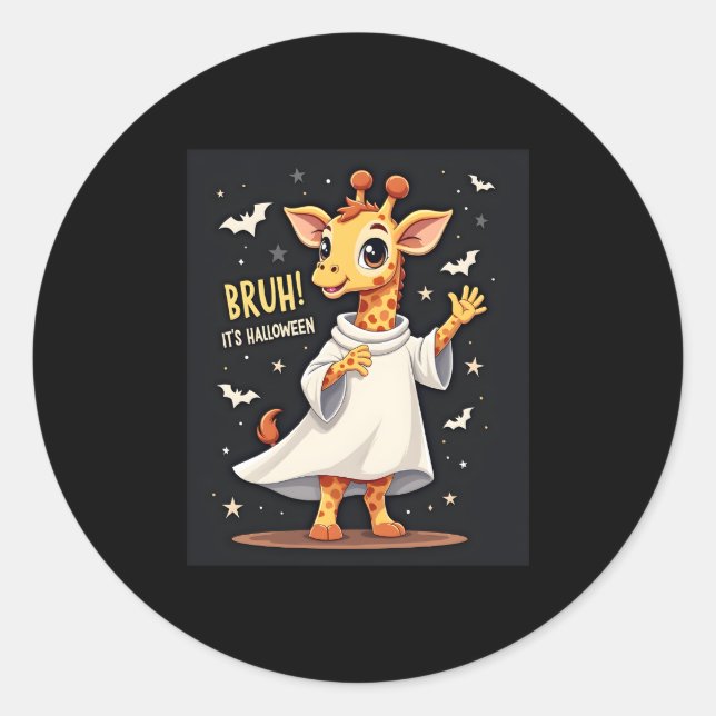 Bruh Its Halloween Funny Dabbing Ghost Giraffe Lon Classic Round Sticker (Front)