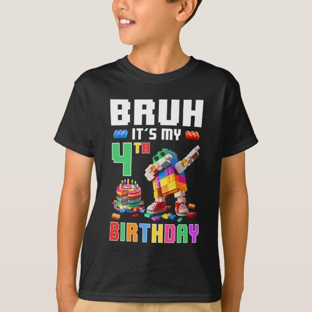 Bruh Its My 4th Birthday Master Builder Dabbing Bl T-Shirt (Front)