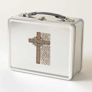 Bruh Jesus Loves You Cross Vintage Christian Vecto Metal Lunch Box
