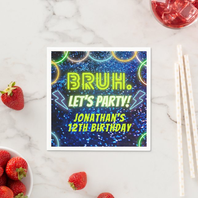 Bruh Let's Party Neon Glow Blue Green Birthday Napkin (Insitu)