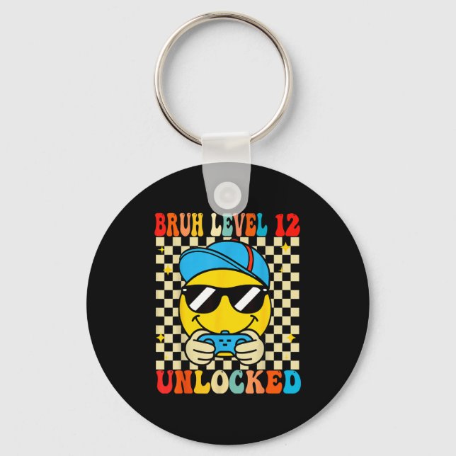 Bruh Level 12 Unlocked Smile Face Video Gamer 12th Keychain (Front)