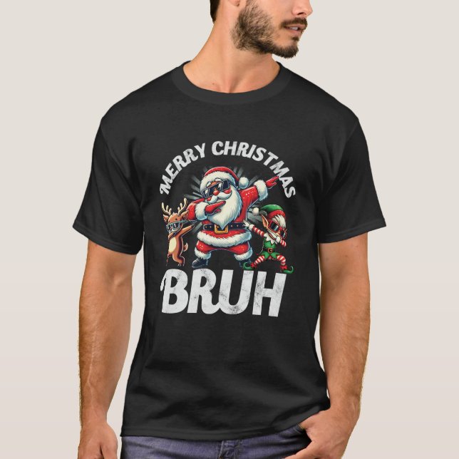 Bruh Meme Santa Dabbing Through The Snow Christmas T-Shirt (Front)