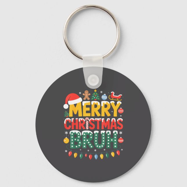 Bruh Merry Christmas Santa Hat Ugly Sweater Theme  Keychain (Front)