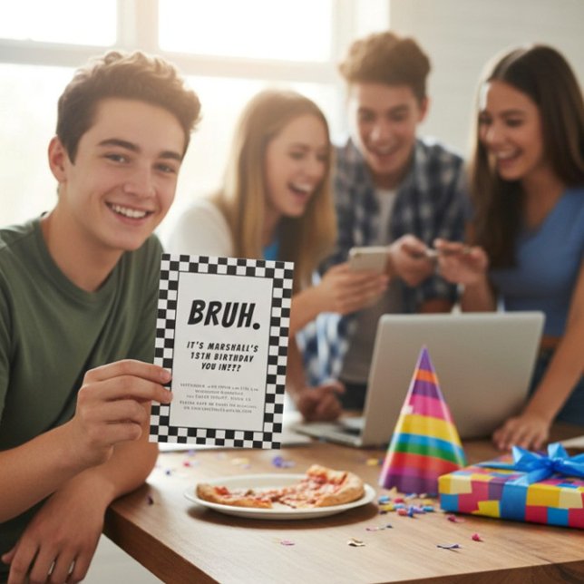 Bruh modern black and white checkerd boys birthday invitation (Creator Uploaded)