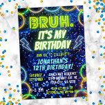 Bruh Neon Glow Blue Green Funny Boy Birthday Invitation<br><div class="desc">Introducing our "Bruh. It's my Birthday?" Boys Birthday Invitations – the ultimate choice for throwing a memorable and electrifying birthday party! Step into a world of vibrant colours and neon lights that will instantly set the tone for an epic celebration. Our invitations feature a mesmerizing neon glow lights design that...</div>