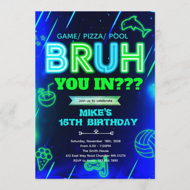 Bruh Neon pool Birthday Invitation (Devant)