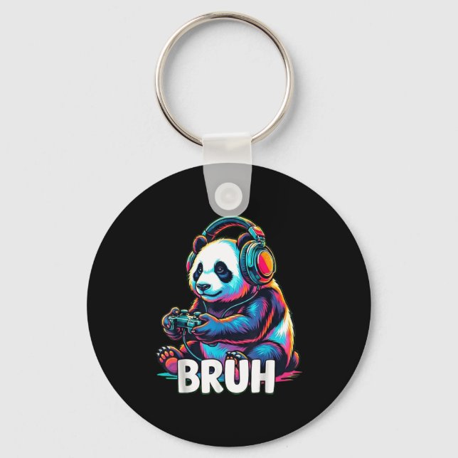 Bruh Panda Gamer With Headphones Controller  Keychain (Front)