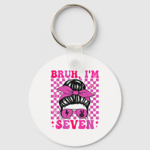 Bruh seven 7 7th birthday girls groovy 7 years old keychain