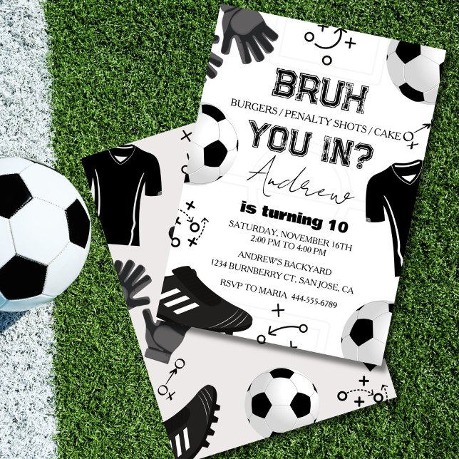 Bruh Soccer Invitation d'anniversaire pour enfants (Bruh, you in? Kick off the fun with this soccer birthday invitation for kids!)