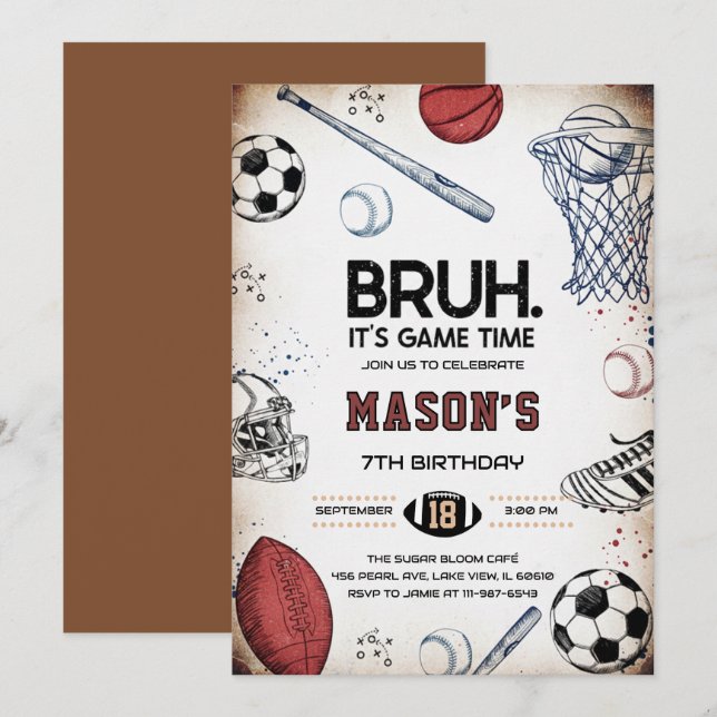 Bruh Sports Birthday Game Time Party Invitation (Devant / Derrière)