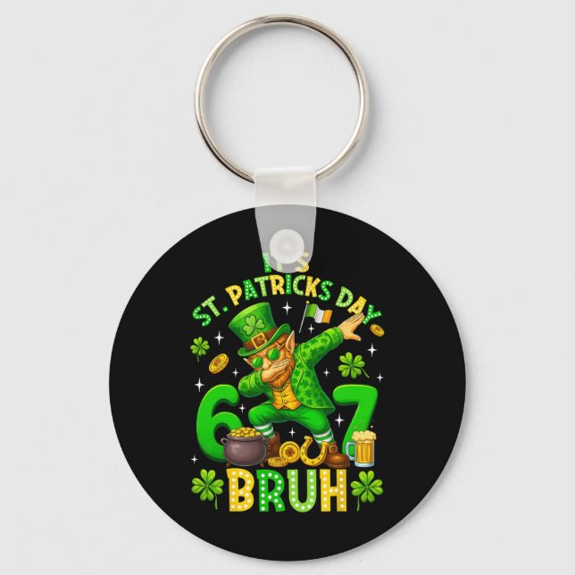 Bruh St Patricks Day Meme Six Seven Dabbing Leprec Keychain (Front)