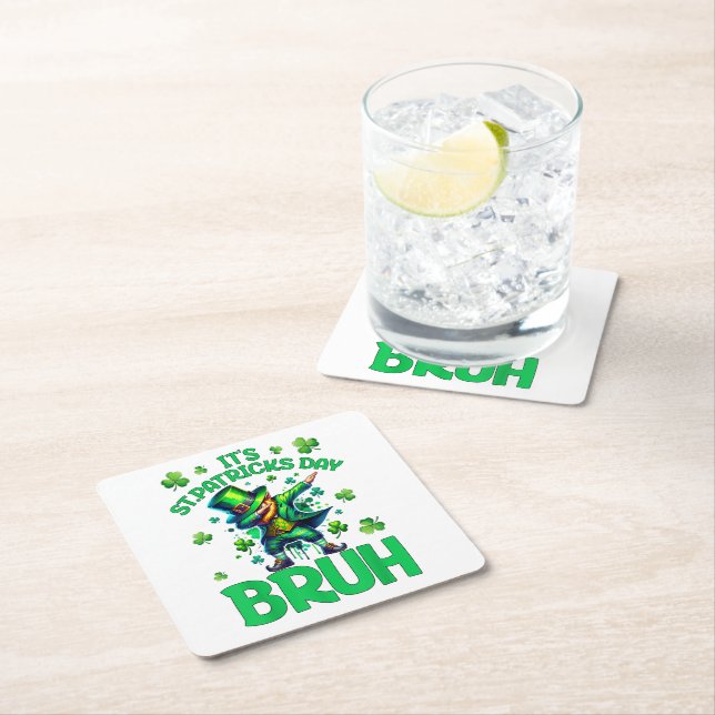 Bruh St Patricks Day Square Paper Coaster (Insitu)
