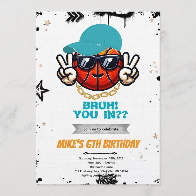 Bruh Teen basketball Party Invitation (Front)