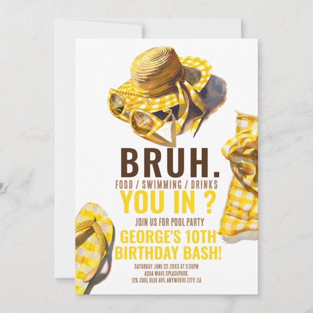 BRUH YELLOW Pool Party Boy Invitation d'anniversai (Devant)