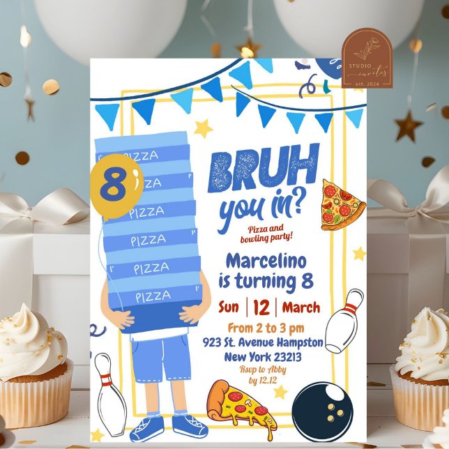 Bruh You in Blue Pizza and Bowling Birthday Party Invitation (Creator Uploaded)