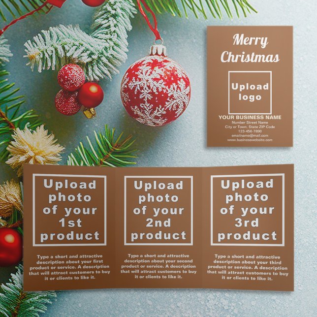 Brun | Noël | Carte triple entreprise (Brown trifold card for Christmas with your business brand and products or services)